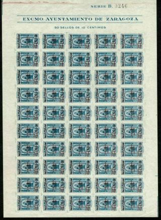 Zaragoza 1936 Spanish Civil War - Ovpt On Back Imperf Full Sheet Of Stamps - Mnh