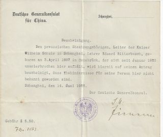 1922 German Consulate In Shanghai China - Official Letter About A Teacher