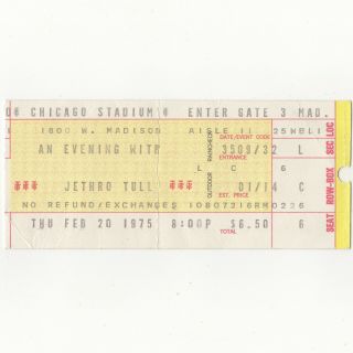 Jethro Tull & Carmen Concert Ticket Stub Chicago 2/20/75 Stadium Warchild Tour
