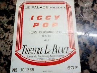 Iggy Pop,  Concert Ticket,  Paris,  13/12/1982,  Le Palace Theatre