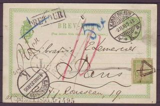 D5932/ Denmark Postage Due Return Stationery Cover F/france 1896