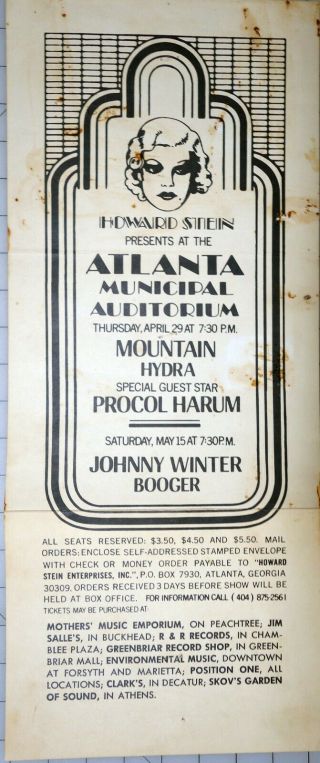 Mountain,  Procol Harum,  Johnny Winter Concert Poster Atlanta 8 1/2 X 20 Inches