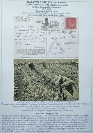 Dutch East Indies 20 May 1940 Censored Postcard From Batavia To Singapore