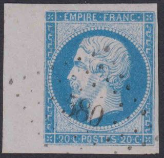 1853 Empire,  20c,  Bleu Ciel Corner Marginal Y&t 14,  Rare