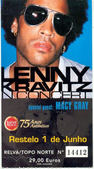 Lenny Kravitz Macy Gray Printed Concert Ticket 01/06/2002 Portugal