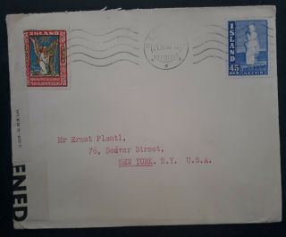 Rare 1941 Iceland Censor Cover Ties 2 Stamps Cancelled Reykjavik To Usa