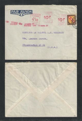 1947 France Cover With Sc 564 To Usa,  (3) Meter Stamps 4f50,  10f,  10f = 25f