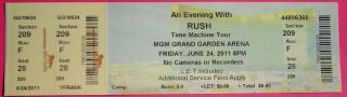 Rush Time Machine Tour Concert Ticket,  Mgm Vegas,  June 24 2011