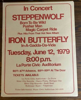 Steppenwolf 1979 Poster Concert W/ Iron Butterfly Laporte In 23 " X 17 "