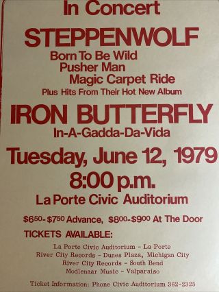 STEPPENWOLF 1979 Poster Concert w/ Iron Butterfly LaPorte IN 23 