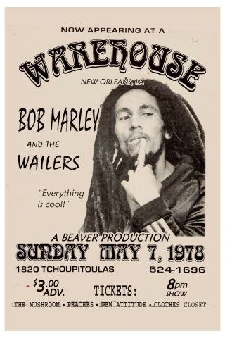 Bob Marley & Wailers at The Warehouse in Orleans Concert Poster 1978 12x18 2