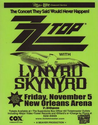 Zz Top / Lynyrd Skynyrd 1999 Tour Orleans Concert Poster / Green