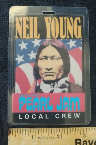 Neil Young Pearl Jam Laminated Local Stage Crew Tour Pass Flag