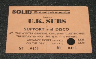 The Uk Subs Age Cleethorpes 1980 Punk Concert Ticket
