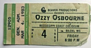 1983 Ozzy Osbourne Ticket Stub 3/4/83 Mississippi Coast Coliseum,  Biloxi,  Ms.