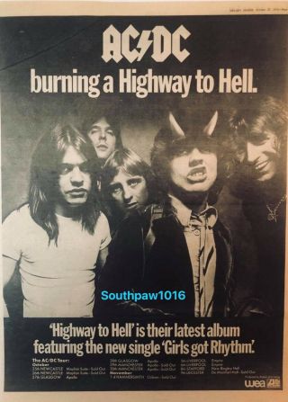 Classic 1979 Ac/dc “highway To Hell” Album Release & Uk Tour Vintage Print Ad