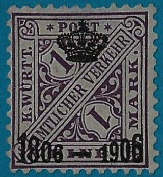 , 1906 Wurttemberg Crown Centenary Overprint German States O118 O6 1m Mh