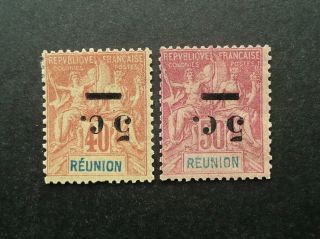 Reunion French Colonies 1901 5c Stamp Pair - Surcharges Inverted - Mh - See