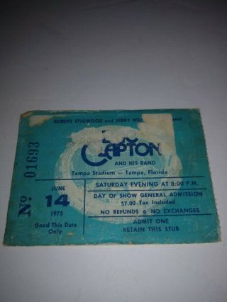 Eric Clapton And His Band Concert Ticket 1975 Tampa Stadium With Photo On Back.