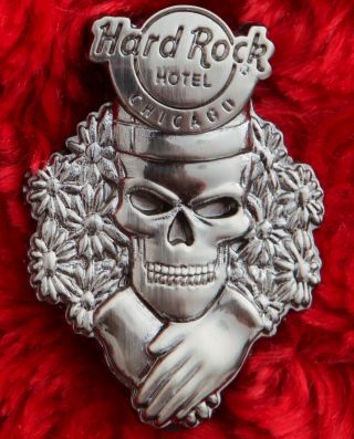 Hard Rock Cafe Pin Chicago Hotel 3d Silver Skull Series Flower Metal Hat Lapel