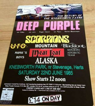 Deep Purple - Scorpions - Meatloaf - Ufo - Knebworth Park 1985 - 8x12 Inch Metal Sign