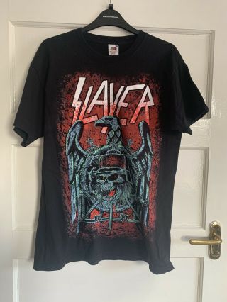 Slayer Eagle & Skull Wearing A Helmet Heavy Cotton Black T - Shirt Size L