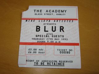 Blur - 1993 Hanley Academy Gig Ticket Stub