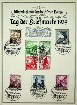 Germany 1939 Stamp Day: Winter Aid For People 9v Chemnitz Canceled On Card
