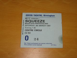 Squeeze / Wreckless Eric - 1980 Birmingham Gig Ticket Stub (punk Ian Dury)