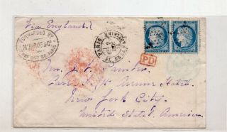 1874 France To Us Stamp Cover Sc 58 Via England Forwarded Munroe & Co Id 159