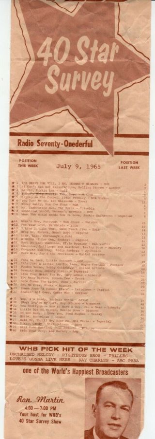 Whb Top 40 Star Survey July 9,  1965 No 1 Song " I 