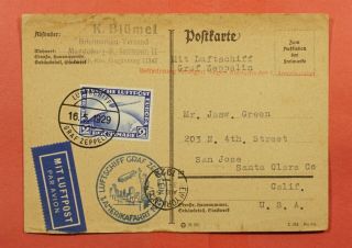 1929 Germany Graf Zeppelin Flight Postcard To Usa