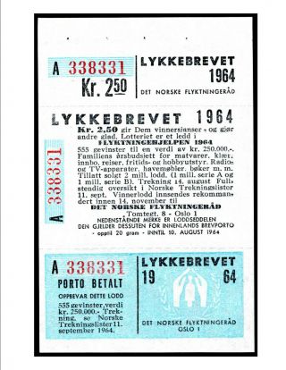 Lykkebrevet 1964 Norway Refugee,  Lottery,  Local Post,  A Series Mnh