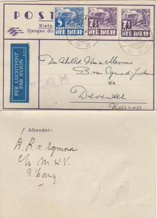 16) Netherlands Indies Stationery Postblad Airmail Klm Cancel To Deventer 1939