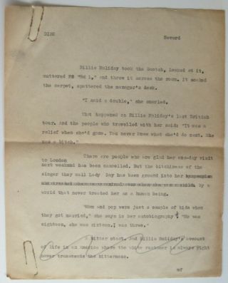 1958 Marked - Up Manuscript Billie Holiday London Newspaper Music Column
