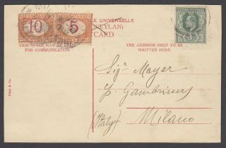 Italy,  Scott J5,  J6 - 1905 Postage Due Card From Ceylon To Milan