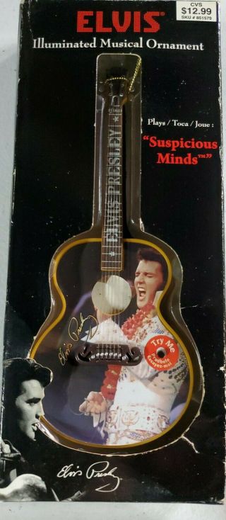 Elvis Illuminated Musical Ornament Guitar Plays " Suspicious Minds "