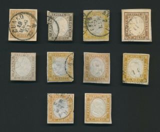 Sardinia Stamps 1858 - 1863 10c Brown,  Bistre,  Grey,  Veii Shades