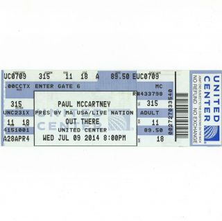 Paul Mccartney Full Concert Ticket Stub Chicago Il 7/9/14 Out There The Beatles