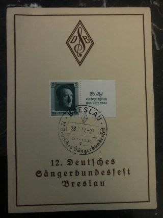1937 Breslau Gg Germany Souvenir Sheet Cover Sängerbundesfest