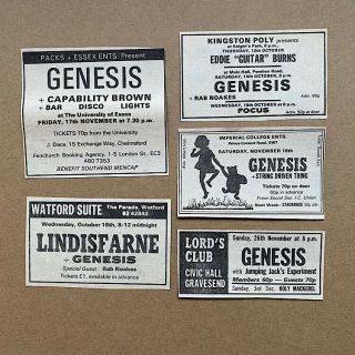 Genesis 1972 Gig Adverts Memorabilia 5 Small Early Gig Adverts From 197