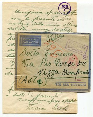East Africa 1941 Italian Pow Prisoner Of War Camp Censor Cover / Letter To Italy