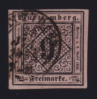 Germany Wurttemberg Sc 5 (1851 - 2) 9kr Black On Rose Vf