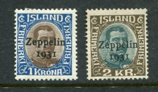 Iceland 1931 Airmail Zeppelin Mh Lot 2 Stamps