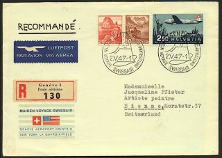 Switzerland 1947 Registered Airmail Cover Geneve To Bienne Swissair Maiden Vfu