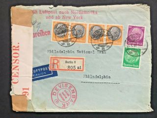 Germany 1940 Air Mail Registered Berlin Cover To Philadelphia Censor Tape Cachet