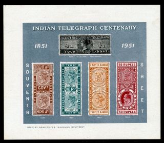 India 1951 Telegraph Centenary Souvenir Sheet With Proofs Of Telegraph Stamps Nh
