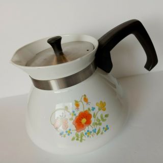 Vintage Corning Ware Corelle 6 Cup Tea Pot With Metal Lid Wildflower Pattern