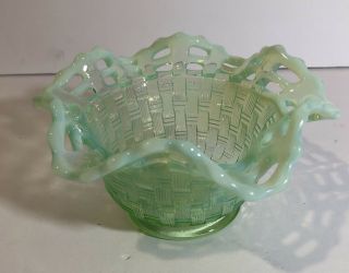 Fenton Open Edge Opalescent Green Carnival Glass Basket Weave Candy Dish Bowl