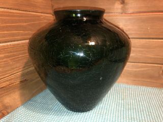 Large Crackle Art Glass Vase Dark Green 8 1/2 Inches